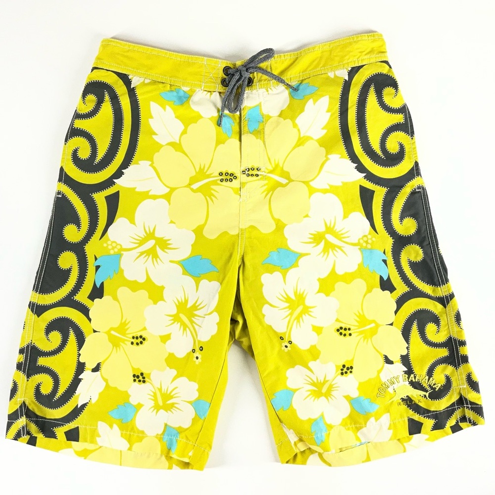 Tommy Bahama Yellow Gray Blue Tropical Hibiscus Floral Swim Trunks Mens Medium